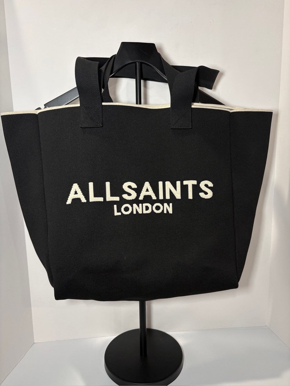 All Saints Black Canvas Logo Tote with Cream Trim